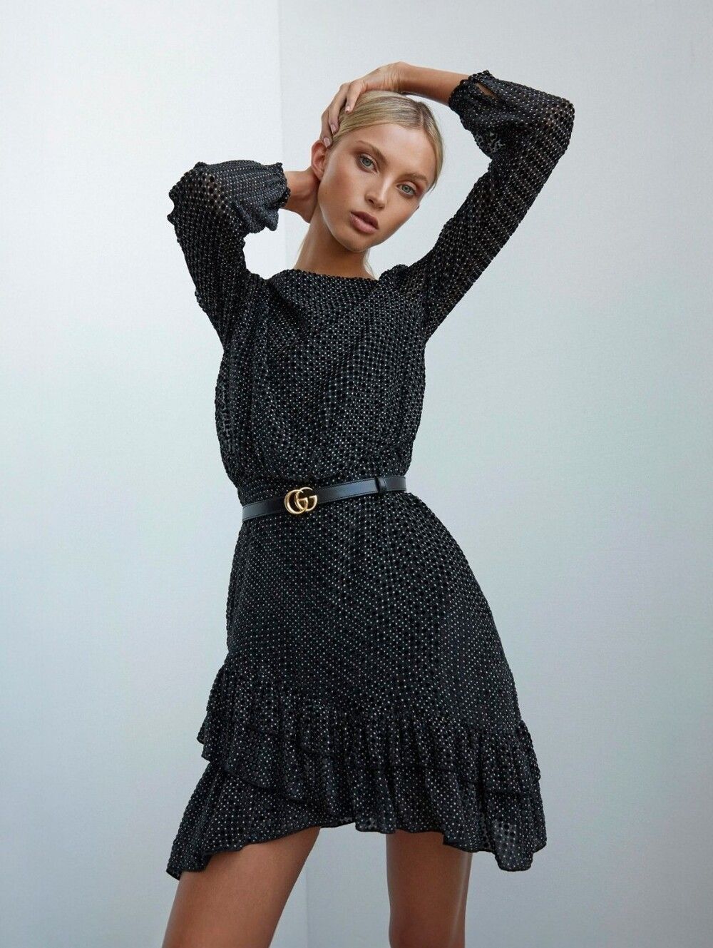 Saloni Felicia Silk Crepe Velvet Tiered Ruffle Mini Dress Black Dotty Print 12